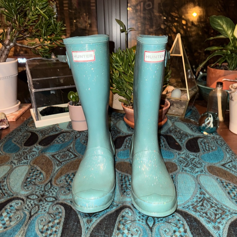 Girls size 3 Hunter Glitter Teal Rain Boots